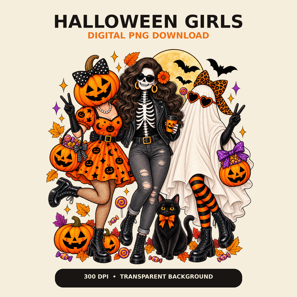 Digital graphic design preview for a Halloween-themed PNG download, featuring two illustrated girls in spooky costumes: one in an orange pumpkin dress and one in a white ghost dress. The artwork includes pumpkins, bats, a black cat, stars, leaves, and the text 'HALLOWEEN GIRLS' and 'DIGITAL PNG DOWNLOAD' on a light beige background.