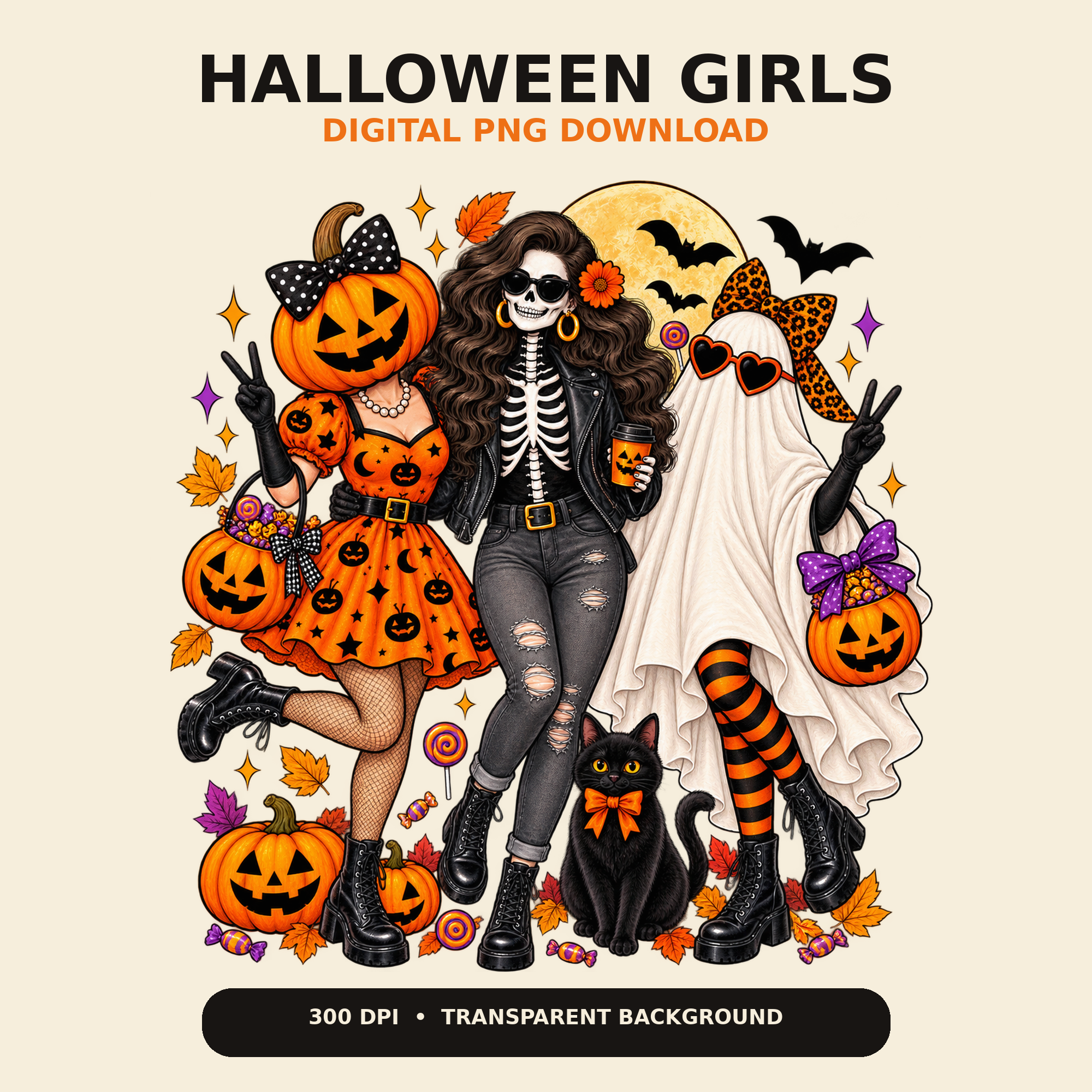 Digital graphic design preview for a Halloween-themed PNG download, featuring two illustrated girls in spooky costumes: one in an orange pumpkin dress and one in a white ghost dress. The artwork includes pumpkins, bats, a black cat, stars, leaves, and the text 'HALLOWEEN GIRLS' and 'DIGITAL PNG DOWNLOAD' on a light beige background.