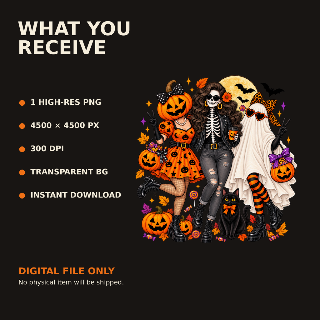 Halloween Girls PNG Digital Download – Pumpkin Skeleton Ghost Design