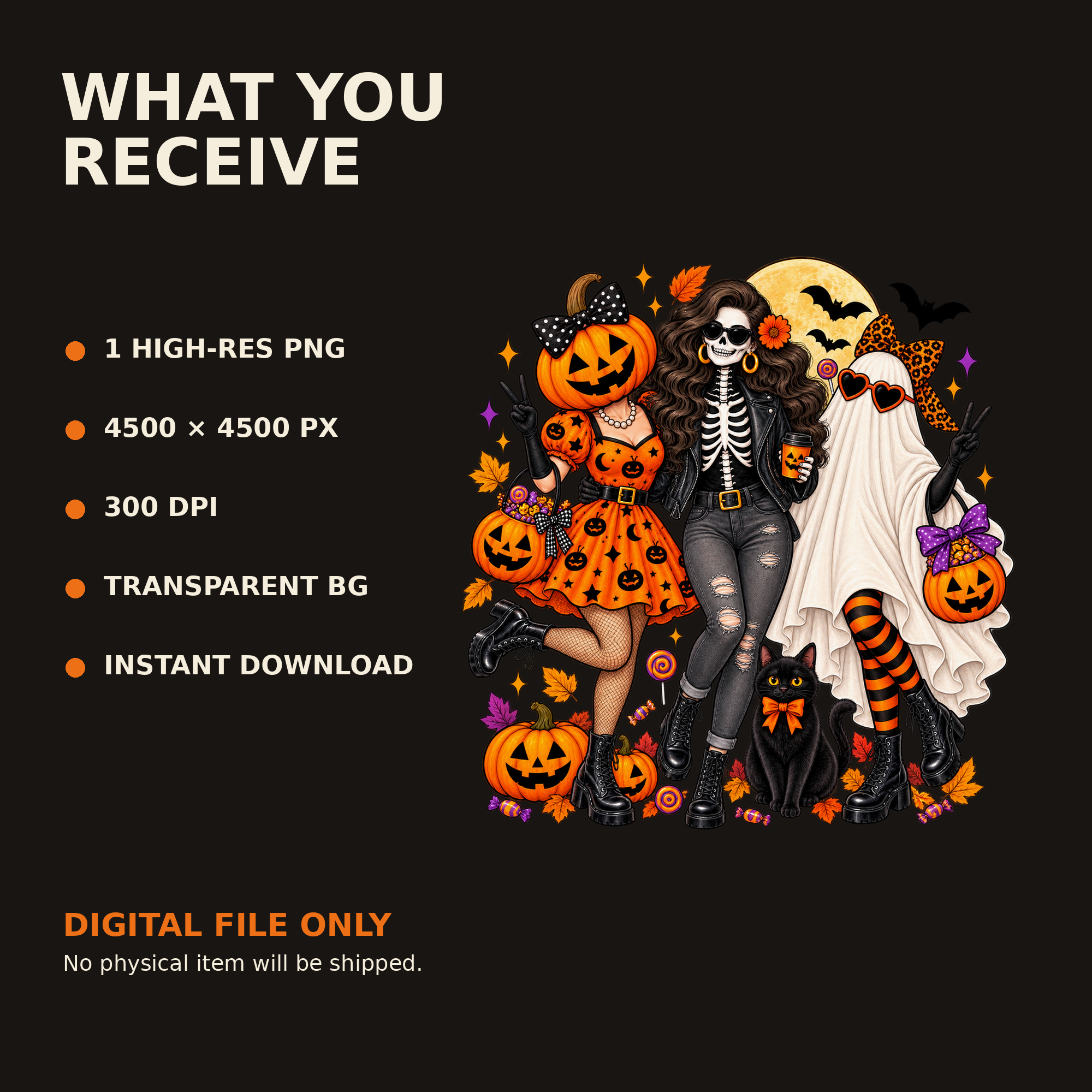 Halloween Girls PNG Digital Download – Pumpkin Skeleton Ghost Design