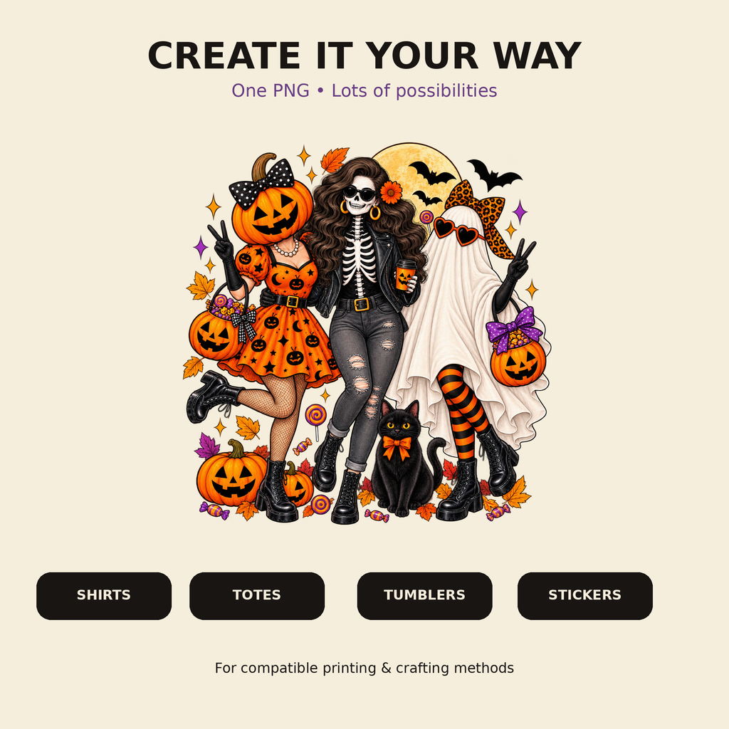 Halloween Girls PNG Digital Download – Pumpkin Skeleton Ghost Design