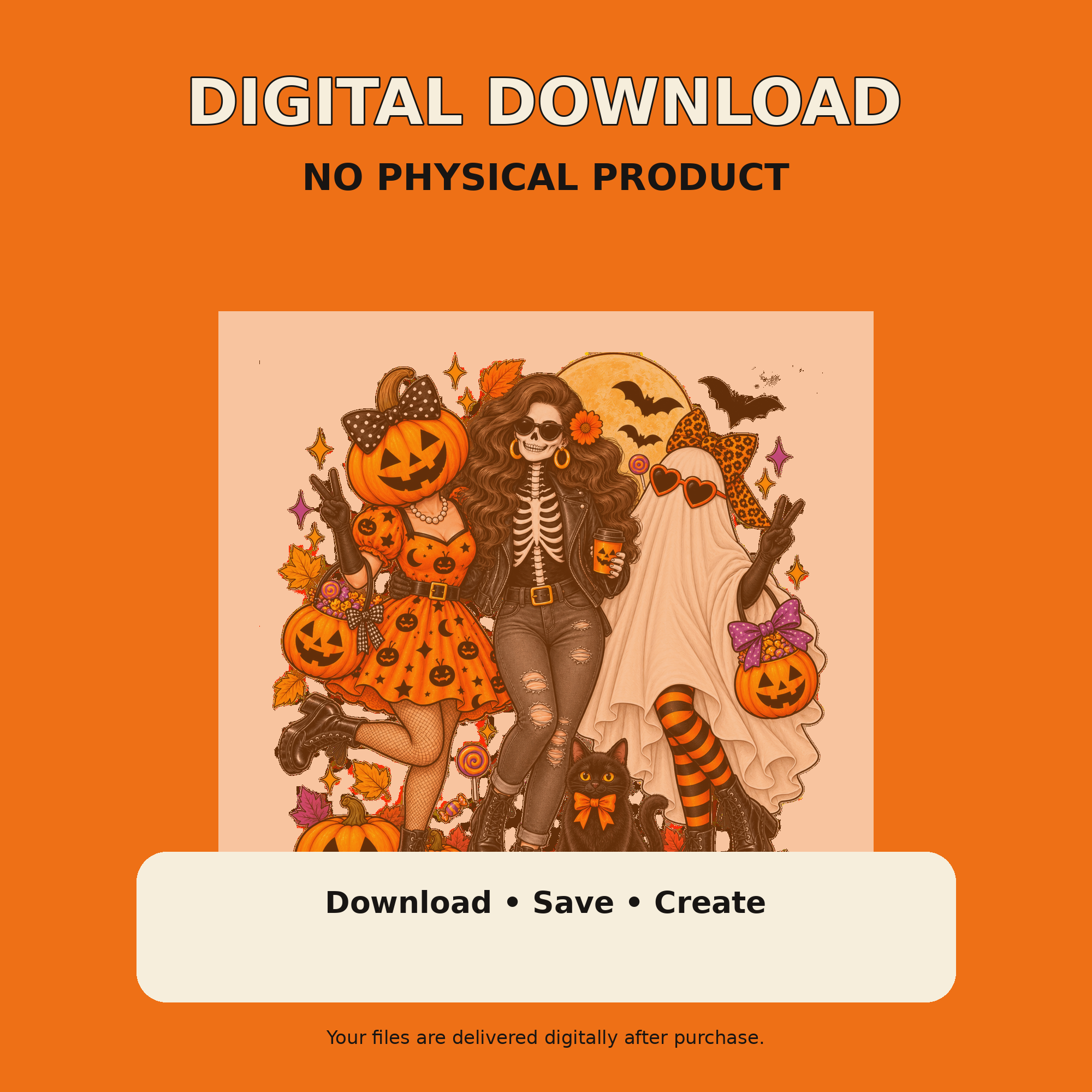 Halloween Girls PNG Digital Download – Pumpkin Skeleton Ghost Design
