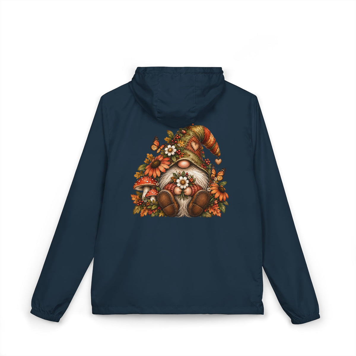 Autumn Gnome Windbreaker Jacket – Women’s Lightweight Woodland Rain Jacket with Flowers & Butterflies