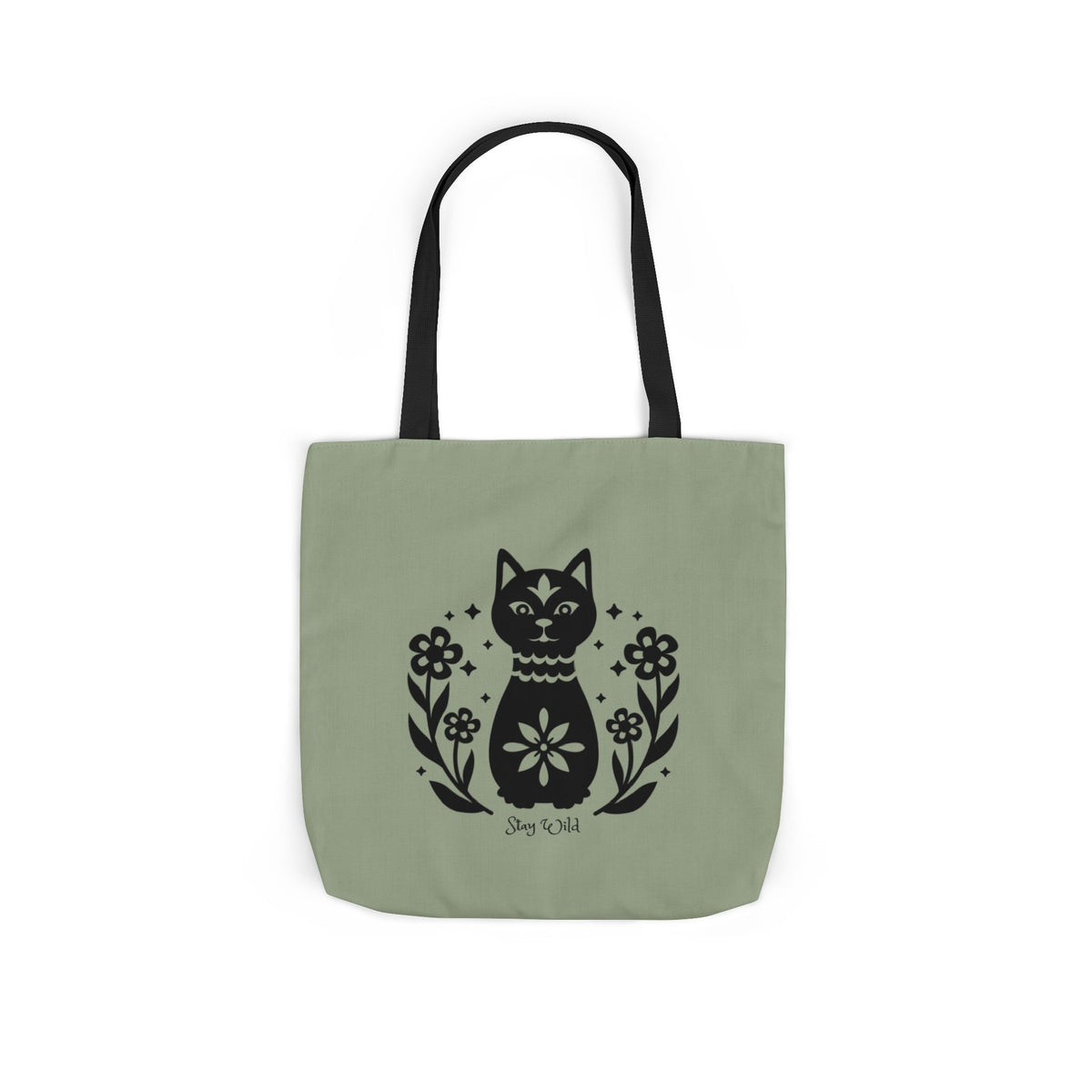 Stay Wild Black Cat Tote Bag | Sage Green Floral Tote