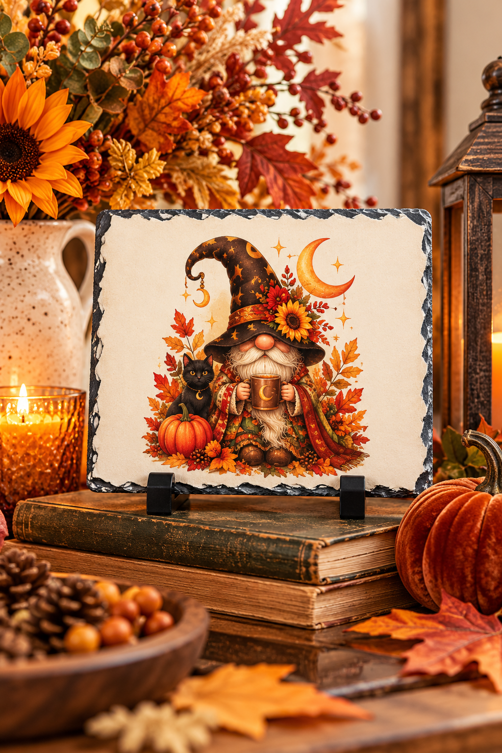 Fall Witch Gnome & Black Cat Slate Plaque