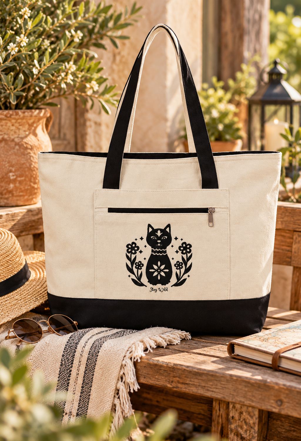 Black Cat Canvas Tote Bag – Zippered Cotton Tote