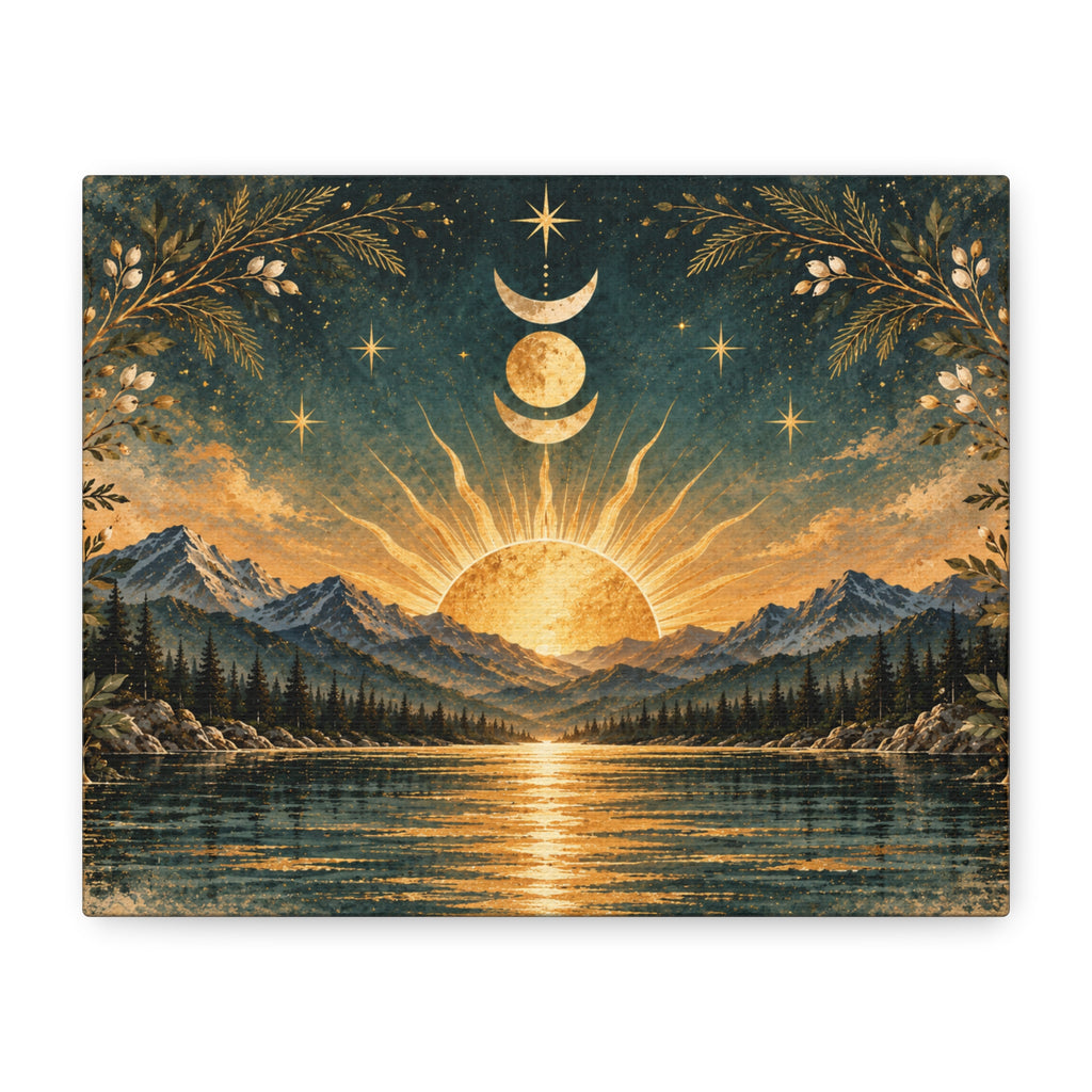 Celestial Sunrise Over Mountain Lake Canvas