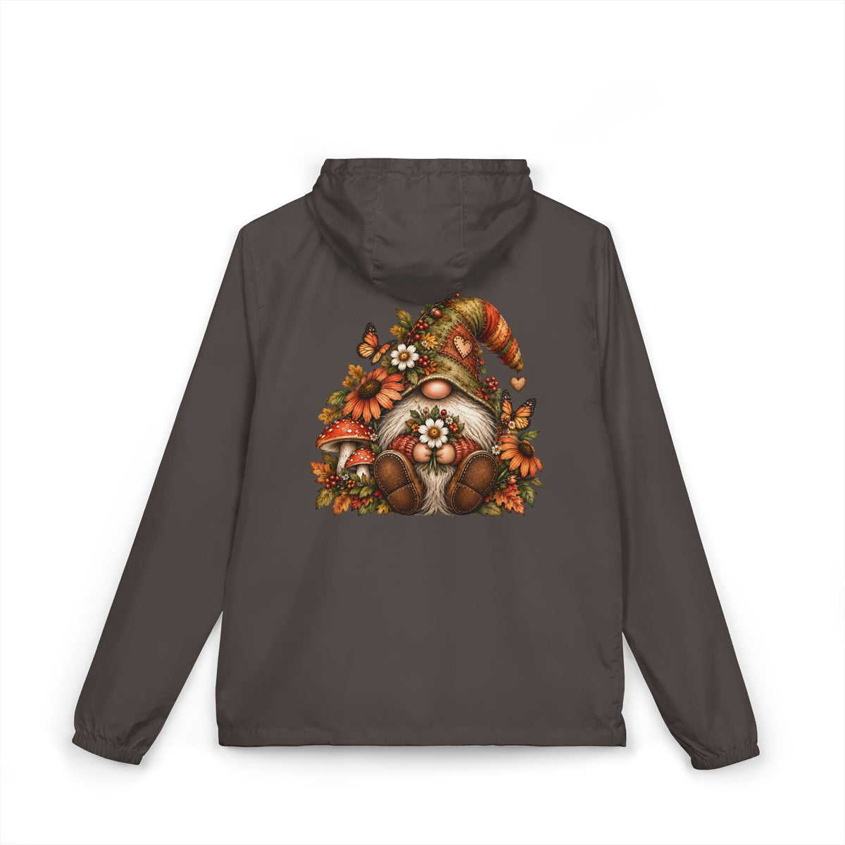 Autumn Gnome Windbreaker Jacket – Women’s Lightweight Woodland Rain Jacket with Flowers & Butterflies