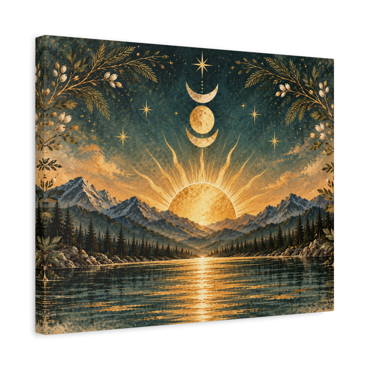 Celestial Sunrise Over Mountain Lake Canvas