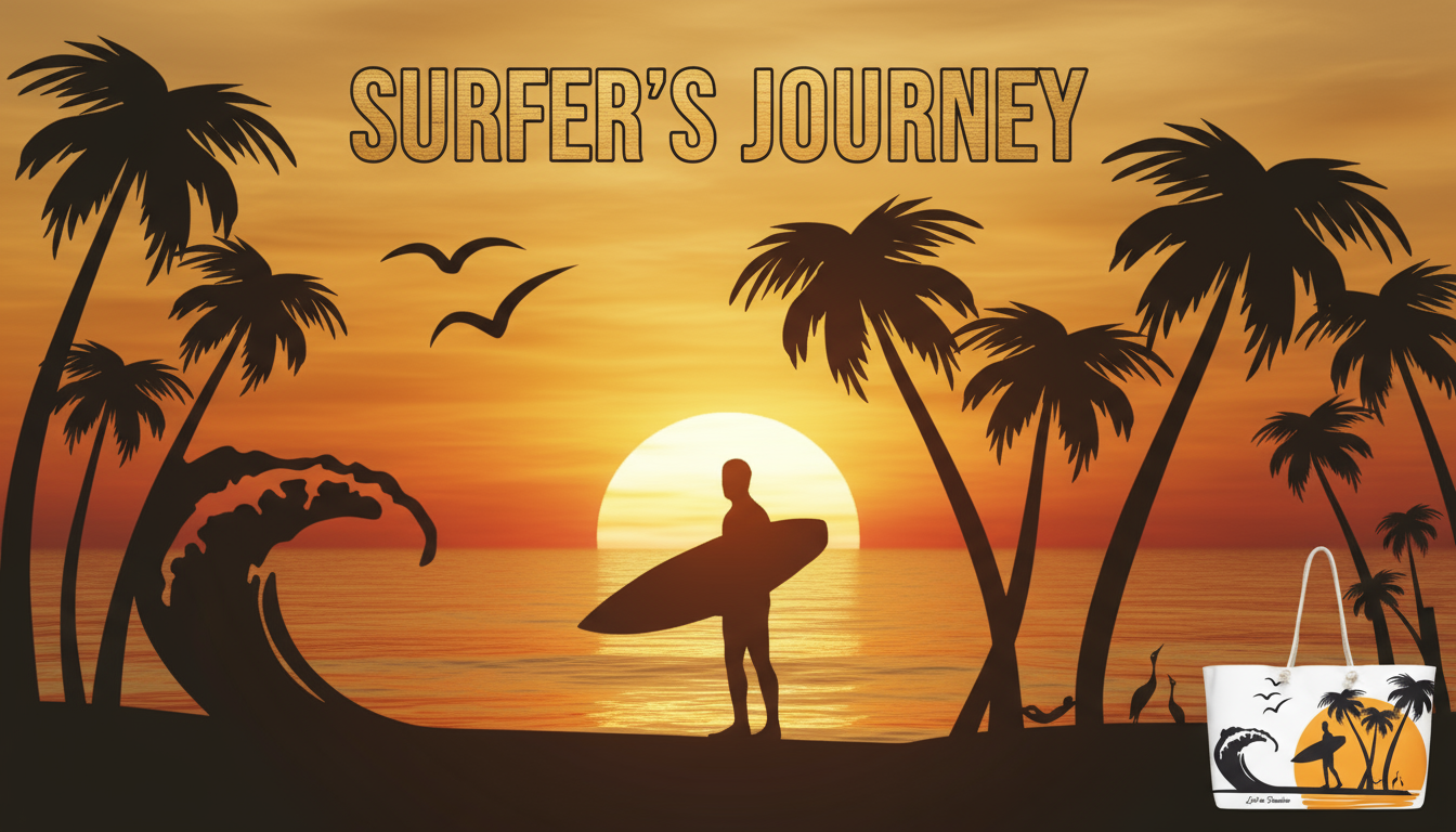 Sилhouette of a surfer with a surfboard against a sunset with palm trees and a wave.