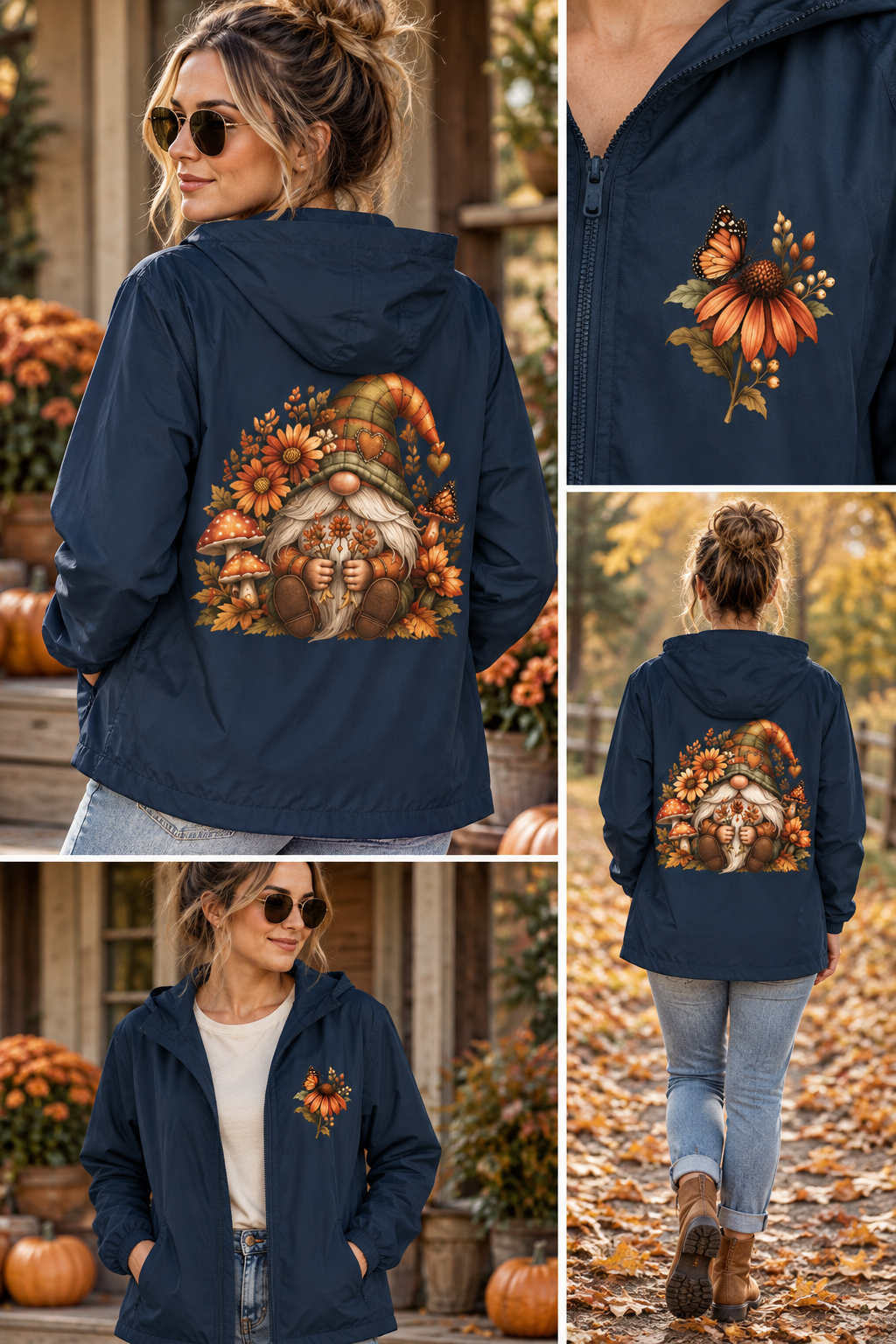 Navy autumn gnome windbreaker jacket with woodland gnome back design and coneflower butterfly chest graphic.