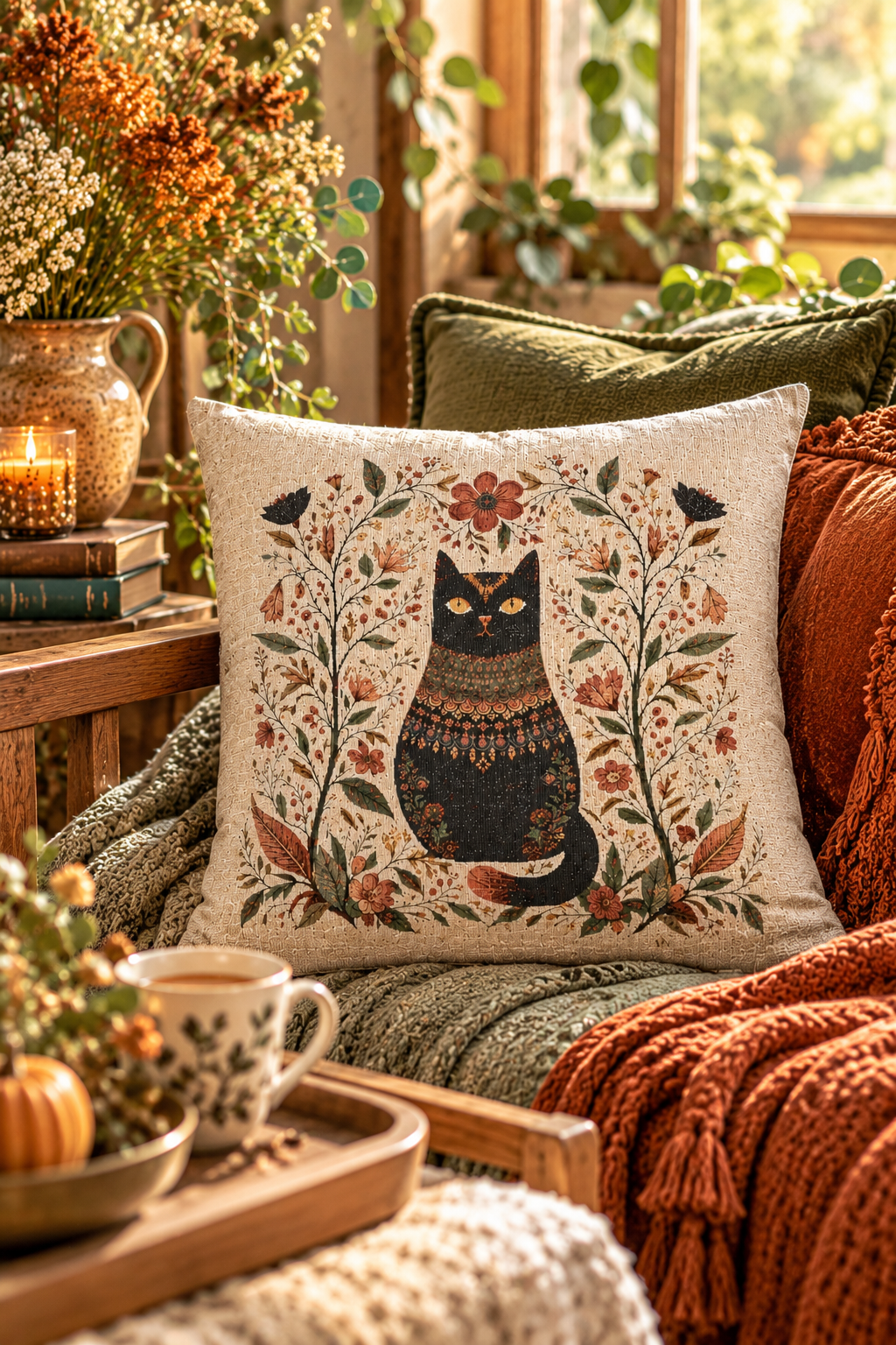 Boho Black Cat Woven Pillow, Vintage Floral Folk Art Cushion, Botanical Cat Lover Home Decor