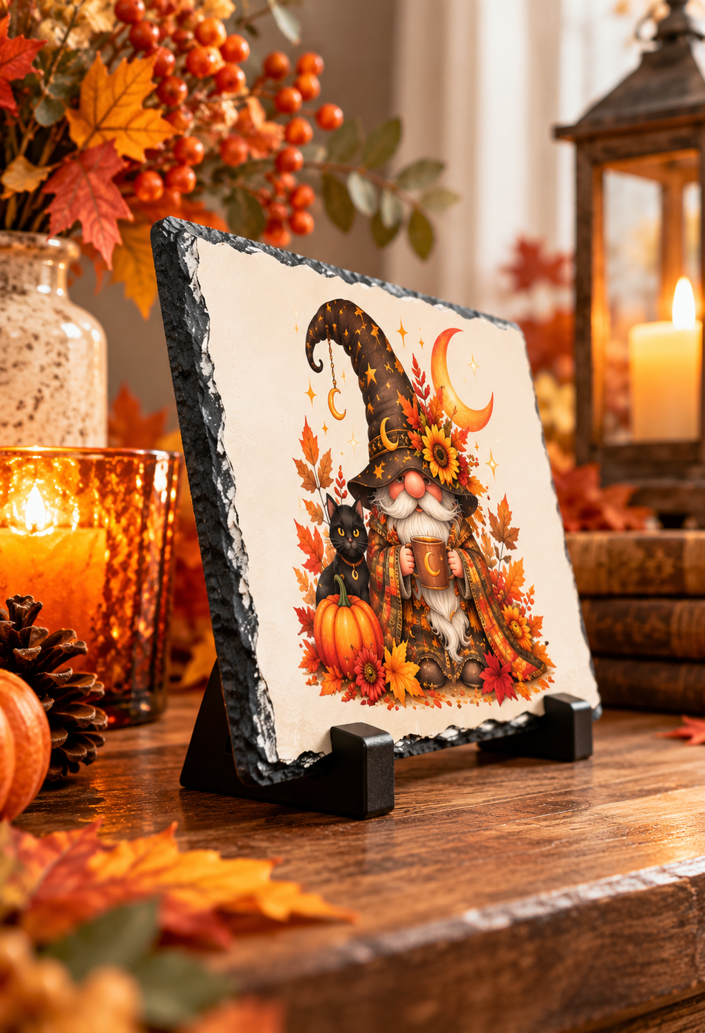 Fall Witch Gnome & Black Cat Slate Plaque