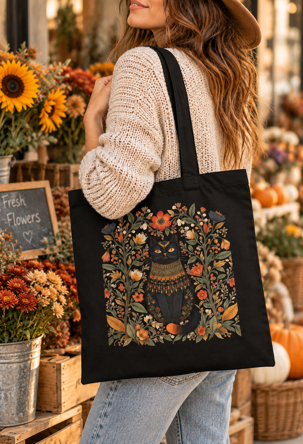 Organic Cotton Tote Bag with Vintage Floral Skull Design