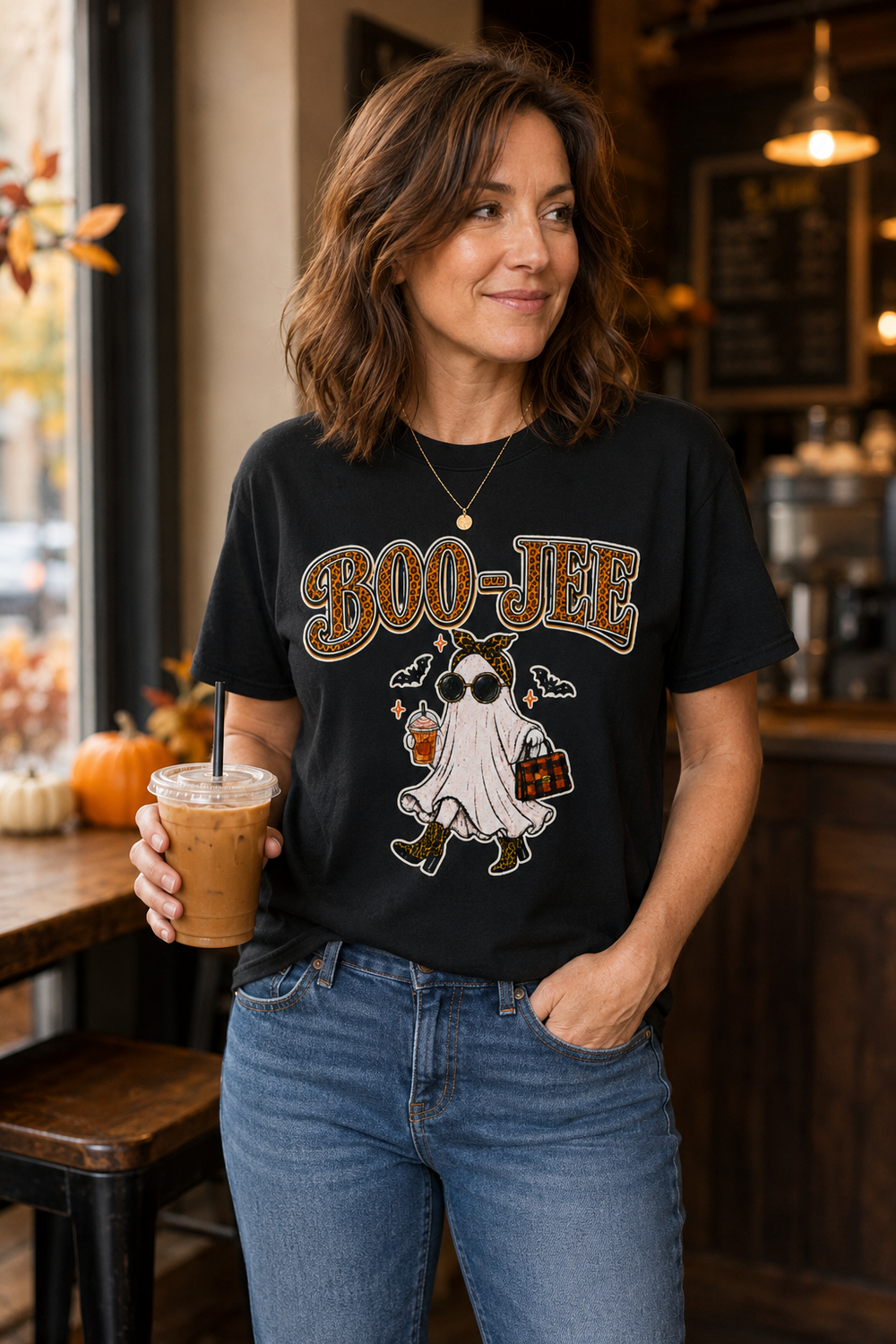 A woman wearing a black graphic t-shirt with a Halloween ghost design and the text 'BOO-JEE' in gold and orange, paired with blue jeans, standing in a cozy cafe environment and holding an iced coffee.