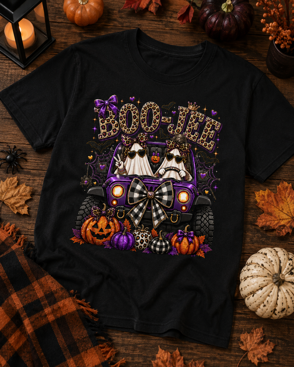 A black short-sleeve graphic T-shirt laid flat on a rustic wooden surface with autumn props. The shirt features a Halloween-themed print with the words “BOO JEE” in leopard-print letters above a purple jeep carrying two ghosts, surrounded by pumpkins, spiderwebs, and fall leaves.
