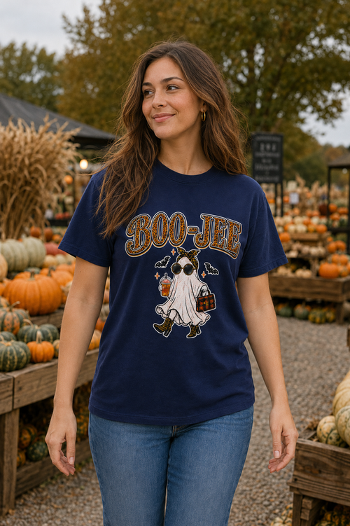 A woman wearing a navy blue graphic t-shirt with a 'BOO JEE' ghost character design, standing in a pumpkin patch.