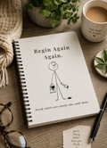 Notebook titled 'Begin Again Again' on a wooden table with a cup of coffee and glasses.