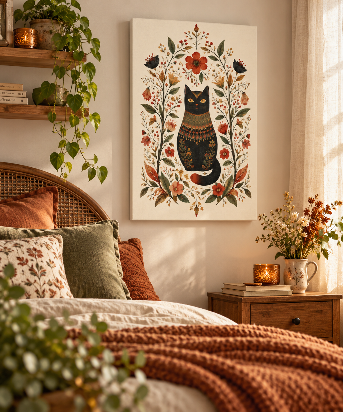 Boho Black Cat Canvas Wall Art – Vintage Floral Folk Art