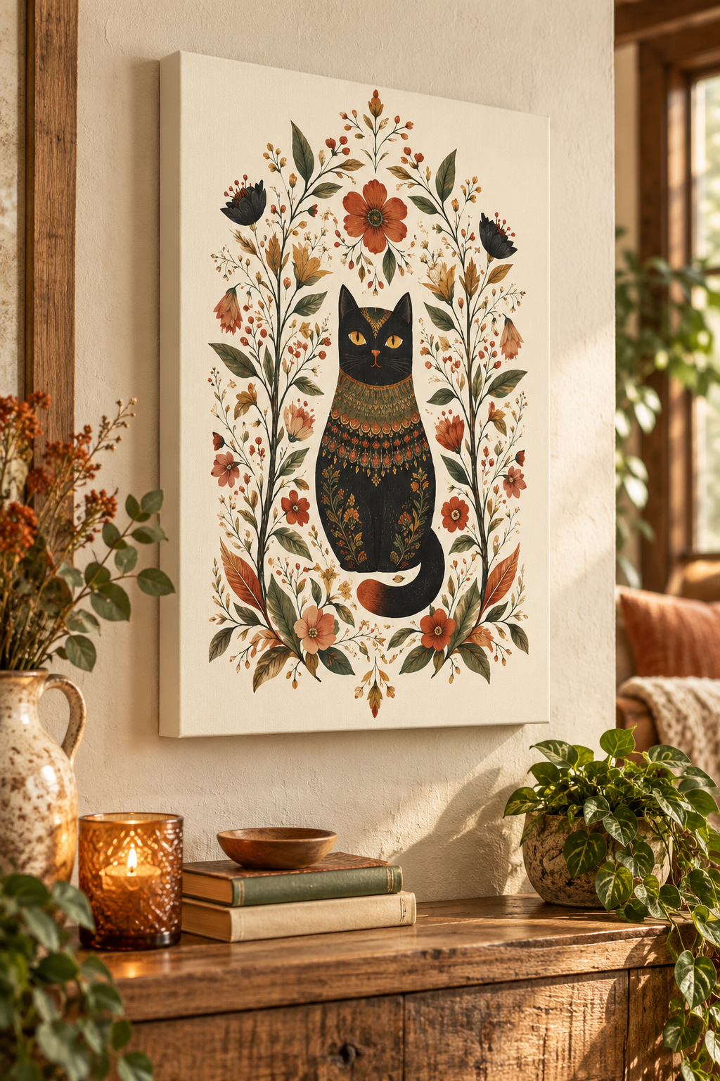 Boho Black Cat Canvas Wall Art – Vintage Floral Folk Art
