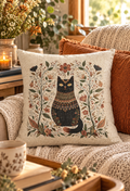 Boho Black Cat Woven Pillow, Vintage Floral Folk Art Cushion, Botanical Cat Lover Home Decor
