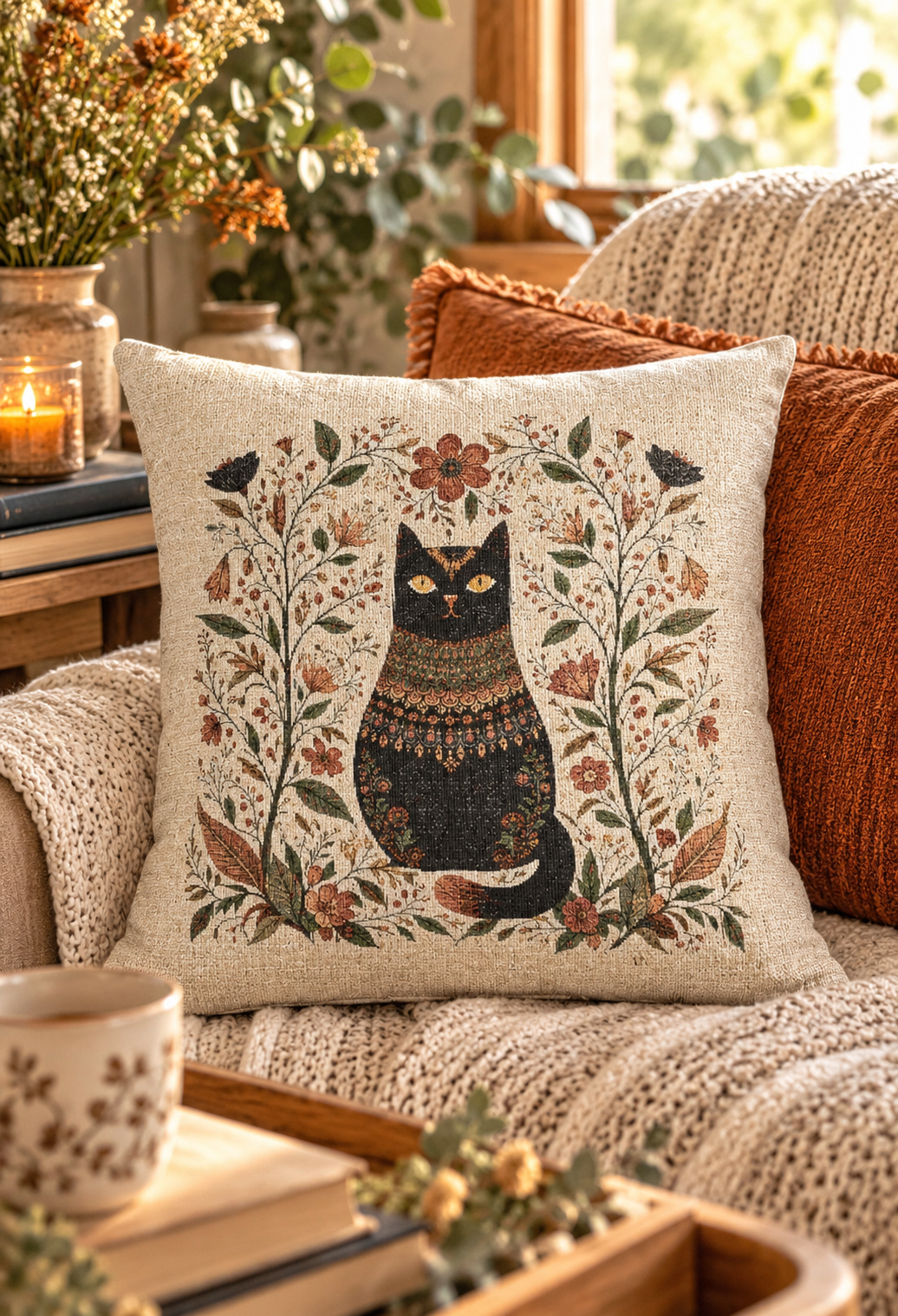 Boho Black Cat Woven Pillow, Vintage Floral Folk Art Cushion, Botanical Cat Lover Home Decor