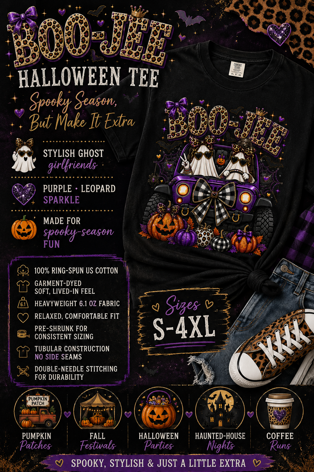 A Halloween-themed apparel listing graphic centered on a black T-shirt with a large spooky graphic print. The design shows a purple and leopard-print truck with pumpkins, ghosts, and the words 'BOO-JEE HALLOWEEN TEE.