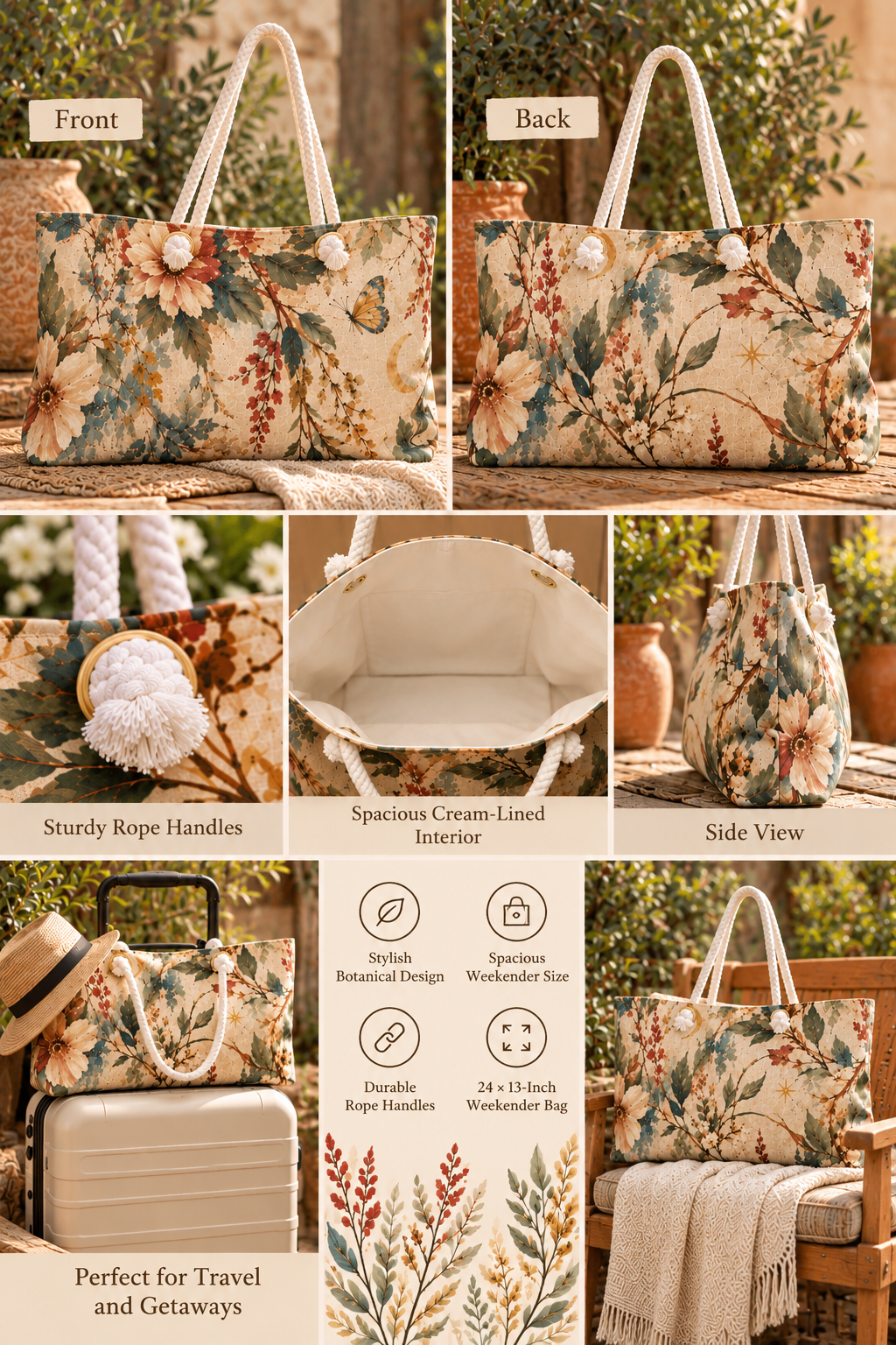 Vintage Botanical Weekender Bag – Boho Floral Travel Tote