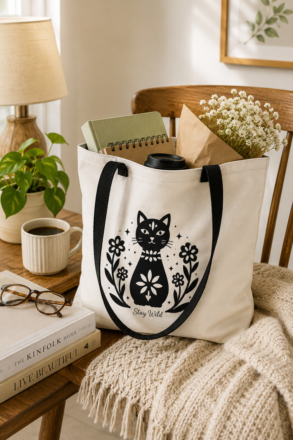 A cream canvas tote bag with black handles and a black cat-and-floral graphic sits on a wooden chair in a cozy room setting, filled with notebooks, flowers, and a bottle.