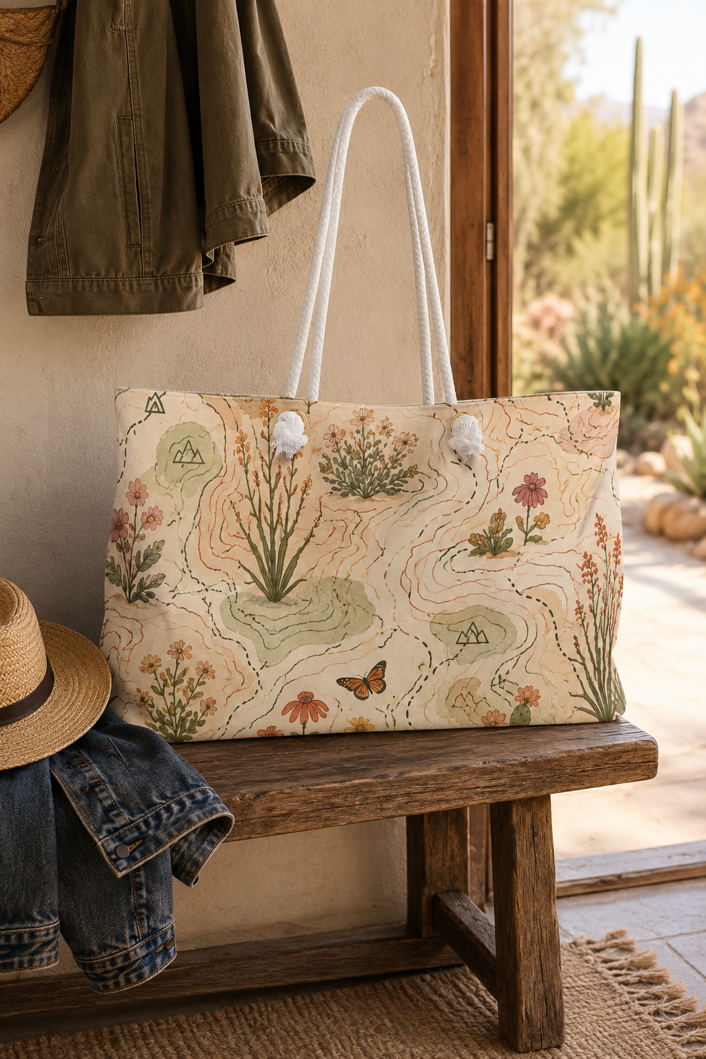A canvas tote bag with white rope handles sits on a rustic wooden bench in a styled entryway. The bag features a botanical map-style print in muted beige, green, and terracotta tones.