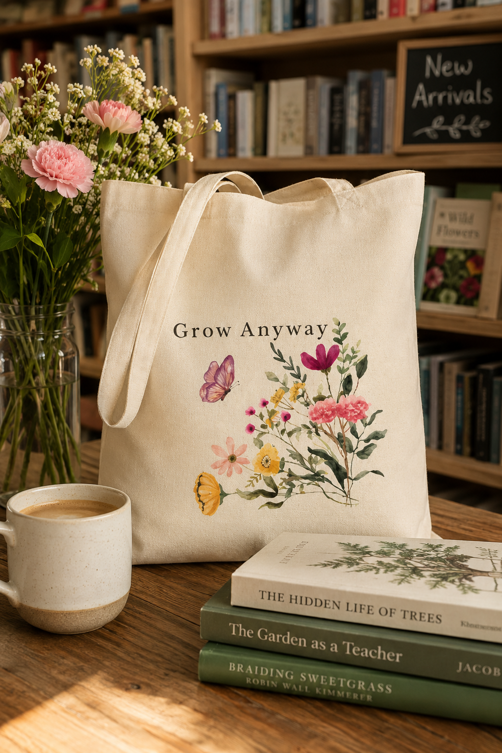 Grow Anyway Floral Canvas Tote Bag