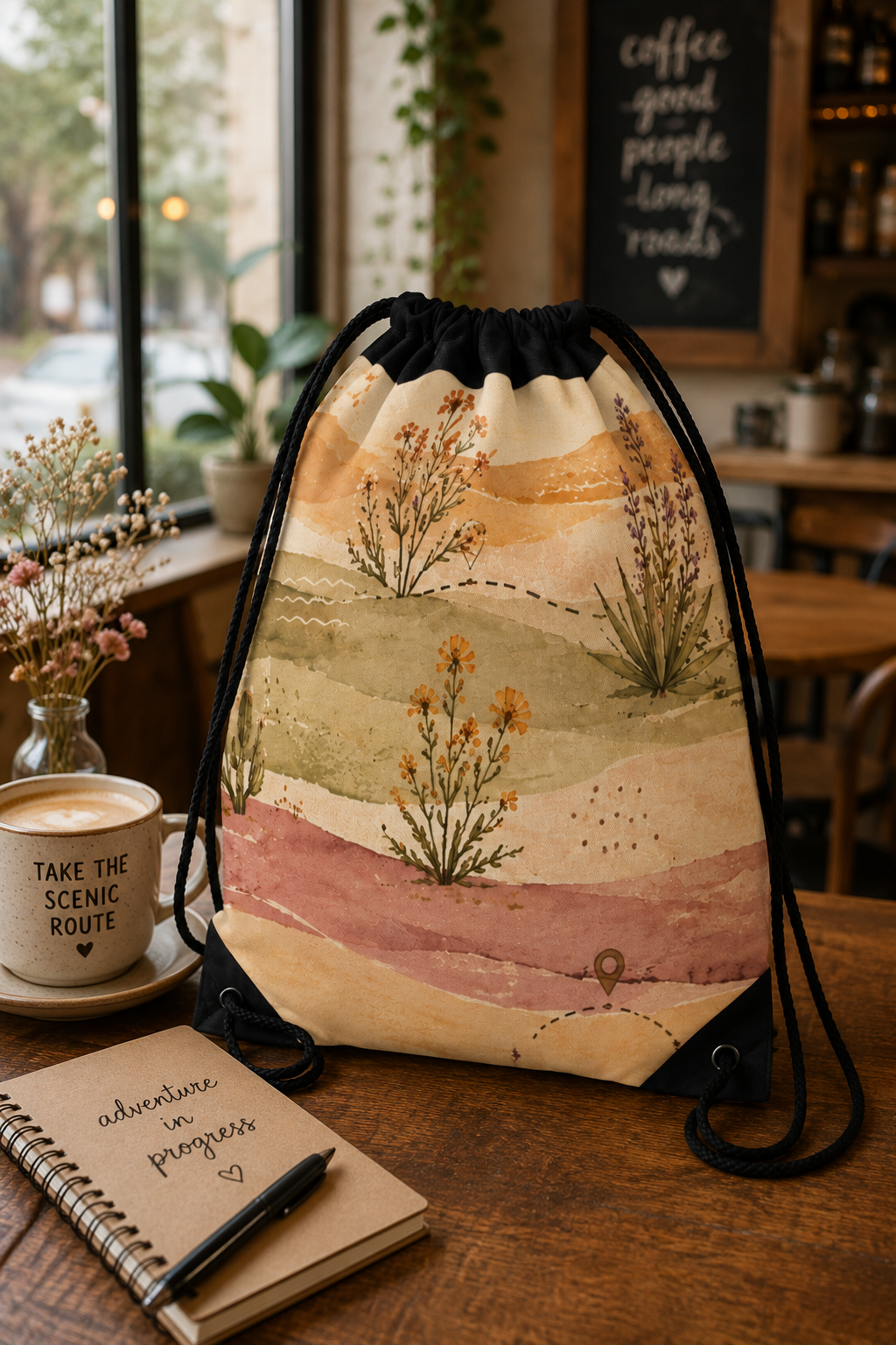A drawstring backpack with a watercolor landscape print of rolling hills and wildflowers, styled on a wooden table in a cozy cafe setting next to a notebook and mug.