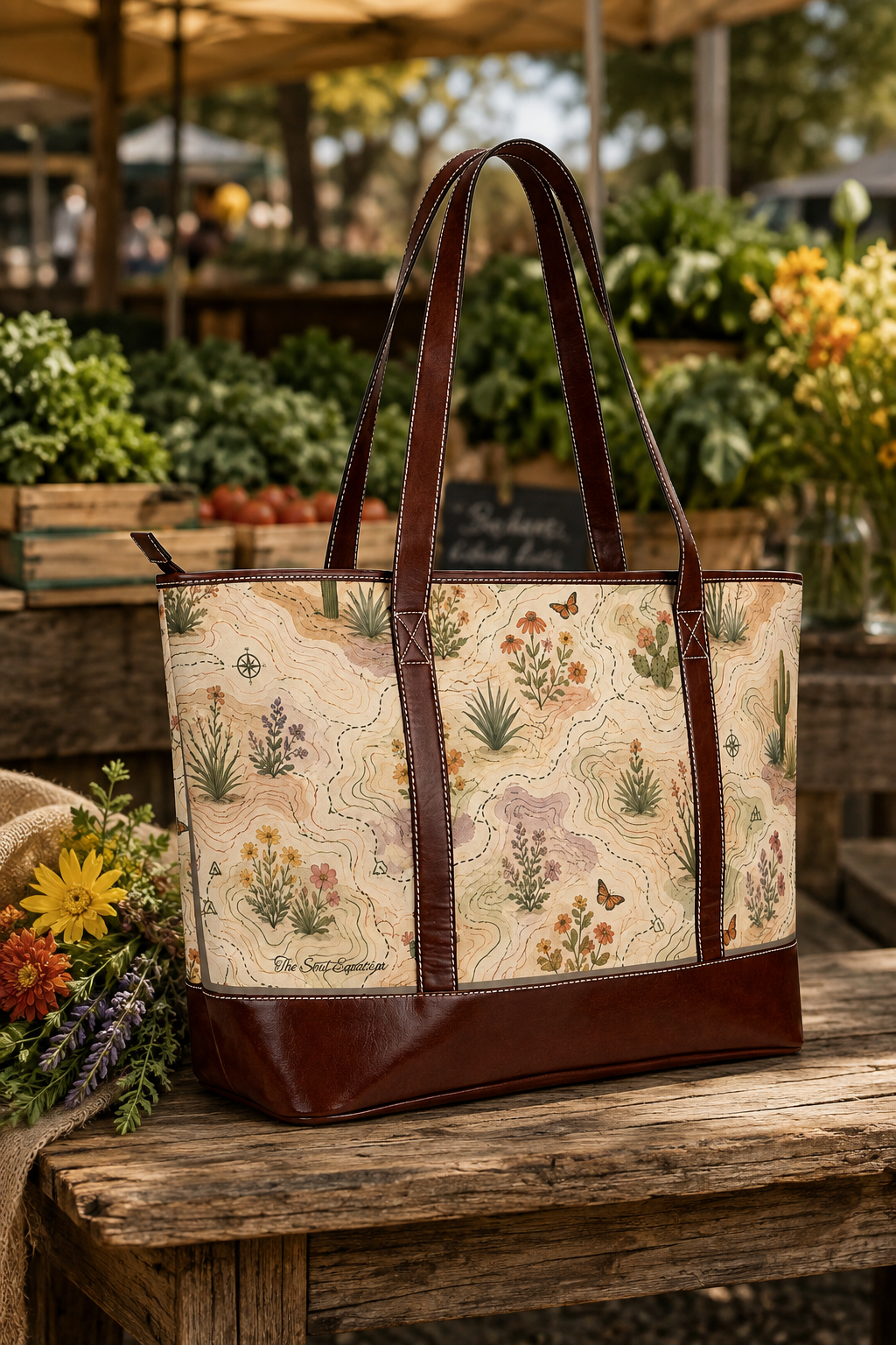 Desert Botanica Tote — Cactus & Succulent Handbag with Leather Trim