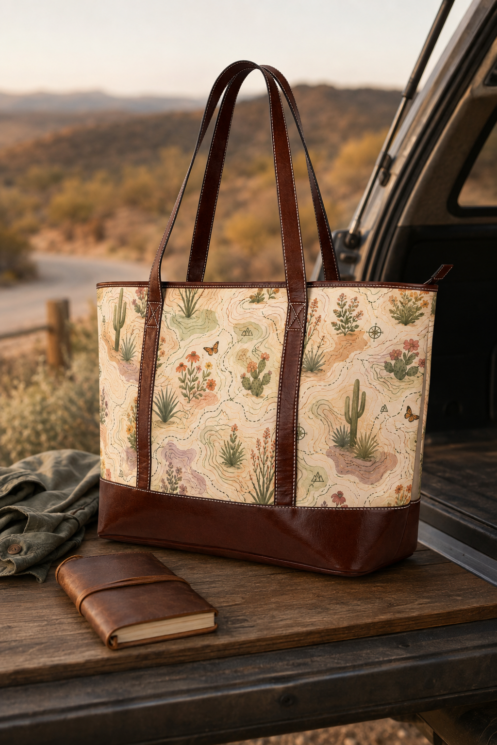 Desert Botanica Tote — Cactus & Succulent Handbag with Leather Trim
