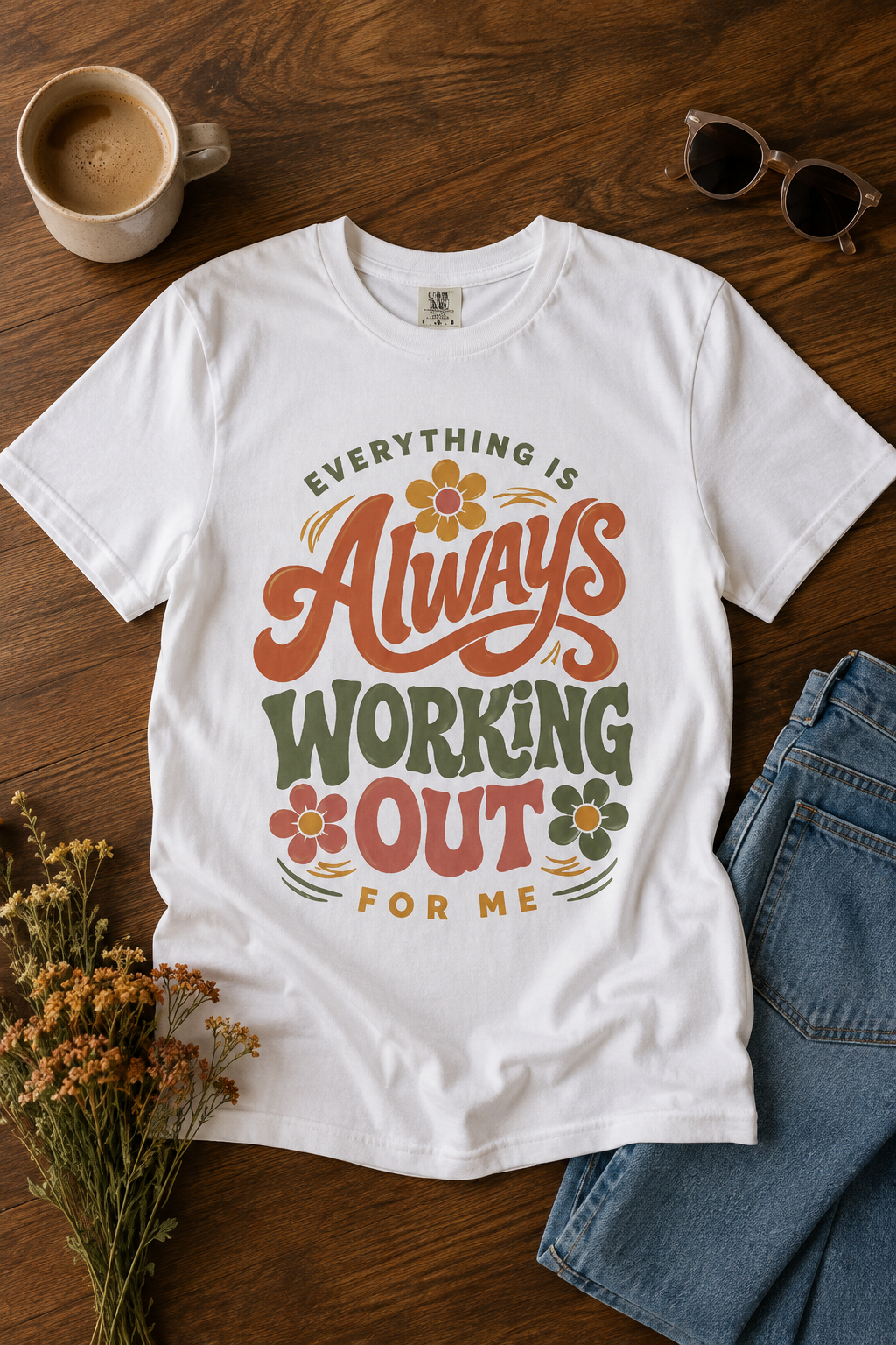 Everything is Always Working Out for Me T-Shirt — Retro Floral Positive Vibe Tee