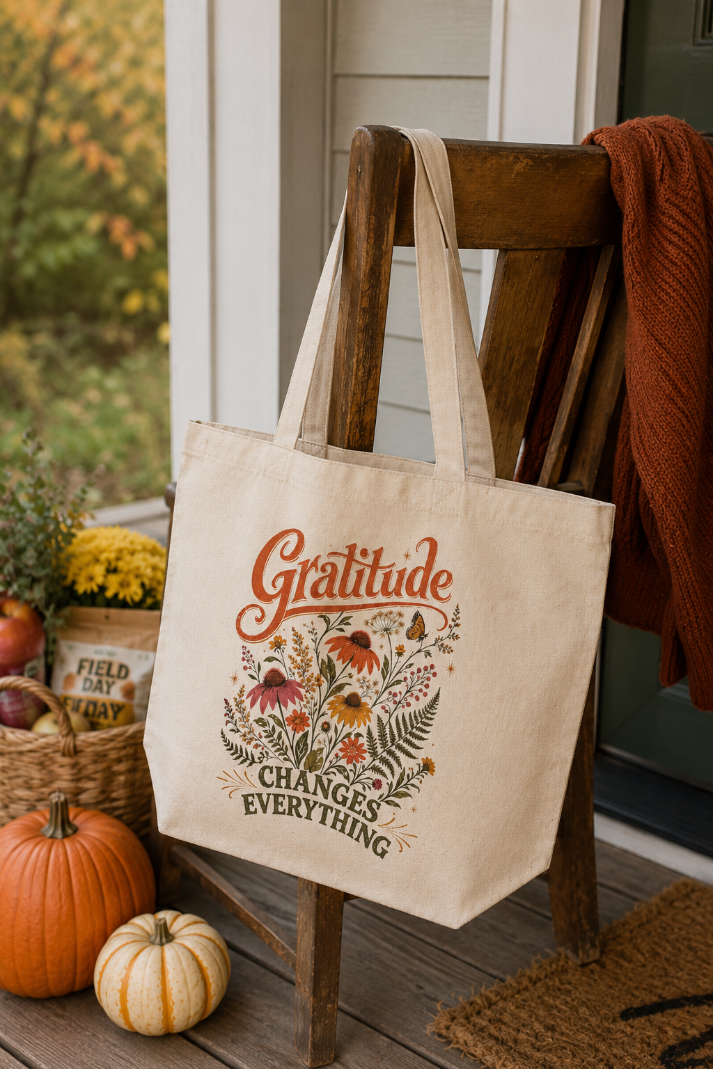 Gratitude Changes Everything Canvas Tote — Floral Eco Shopper Bag