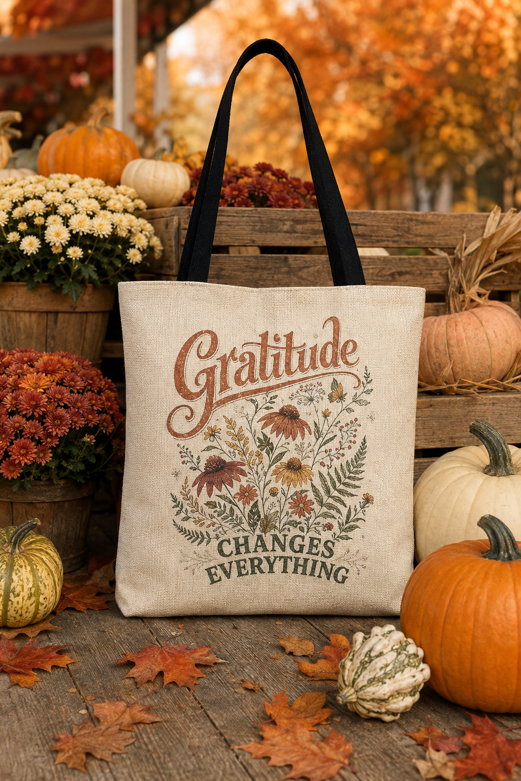 Gratitude Changes Everything Vintage Floral Woven Tote Bag - 17" x 18"