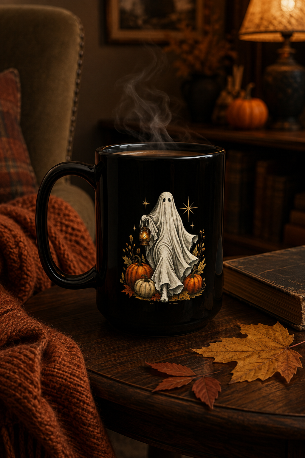 Halloween Ghost Pumpkin 15oz Black Coffee Mug — Spooky Autumn Lantern Design
