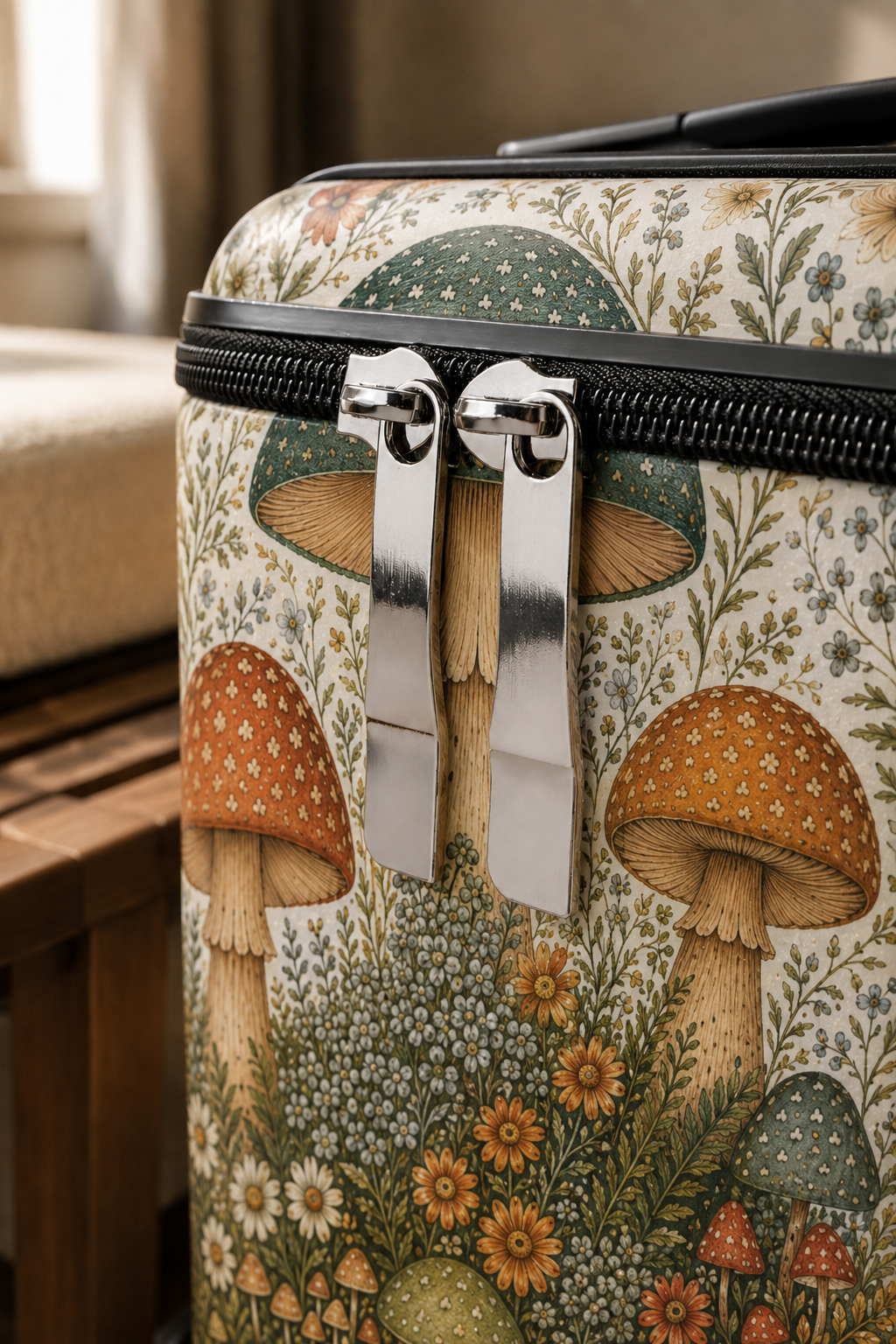 Mushroom Meadow Suitcase – Botanical Travel Luggage with Whimsical Fungi Print
