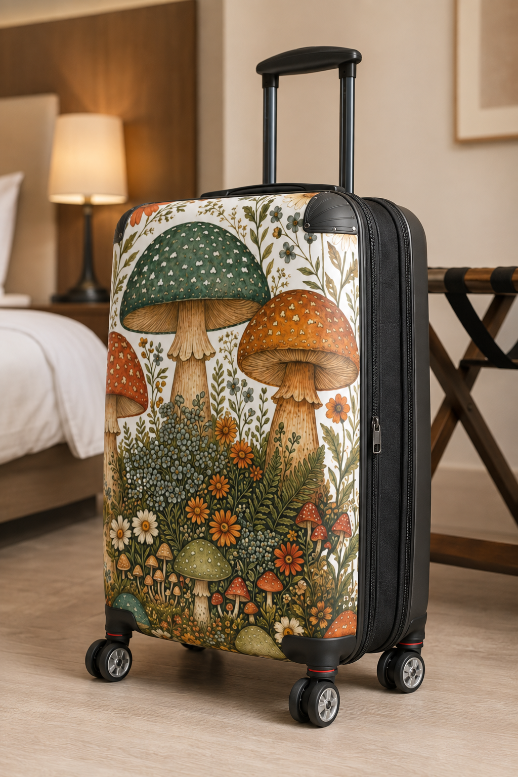 Mushroom Meadow Suitcase – Botanical Travel Luggage with Whimsical Fungi Print