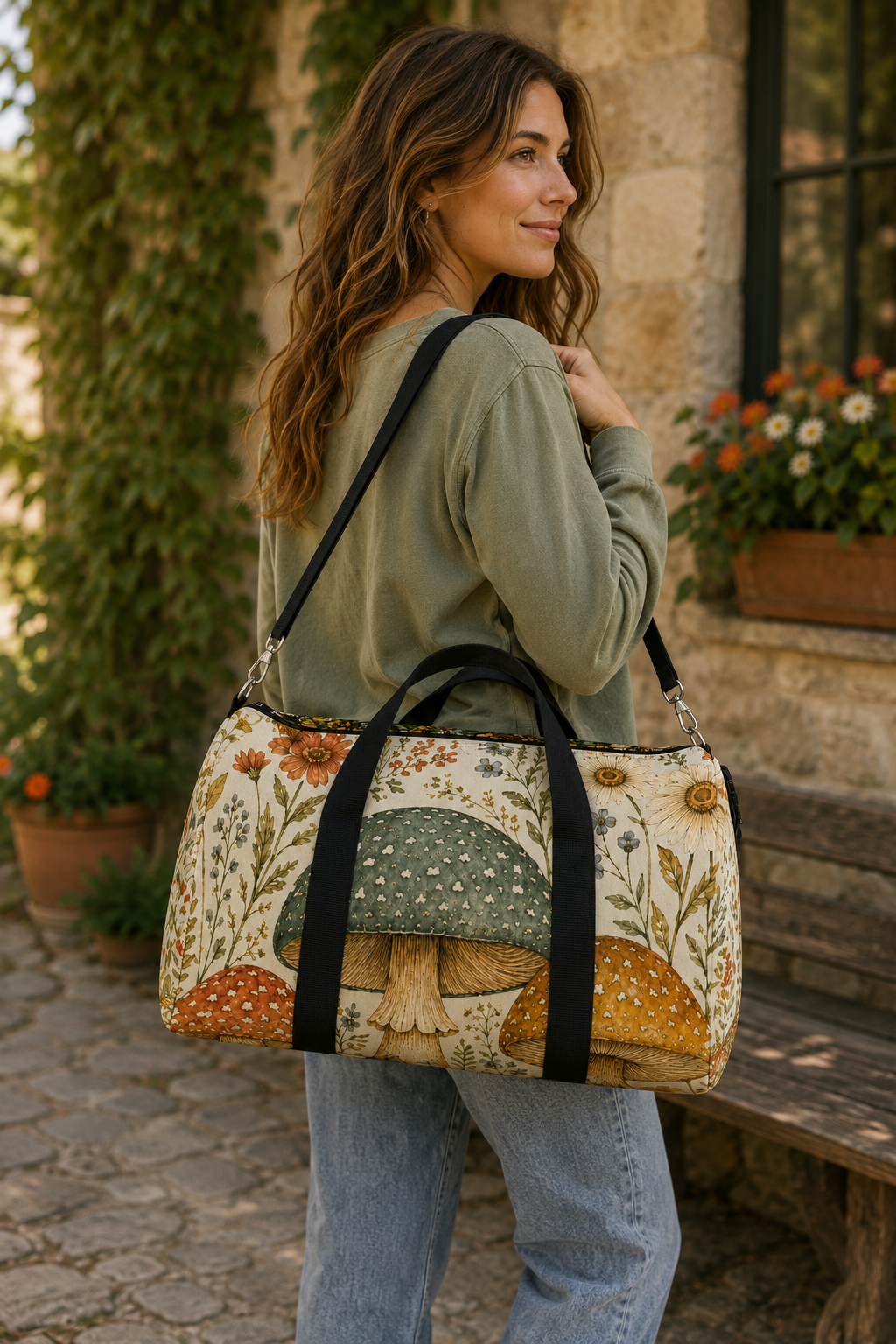 Mushroom Garden Duffel Bag — Whimsical Forest Travel Bag