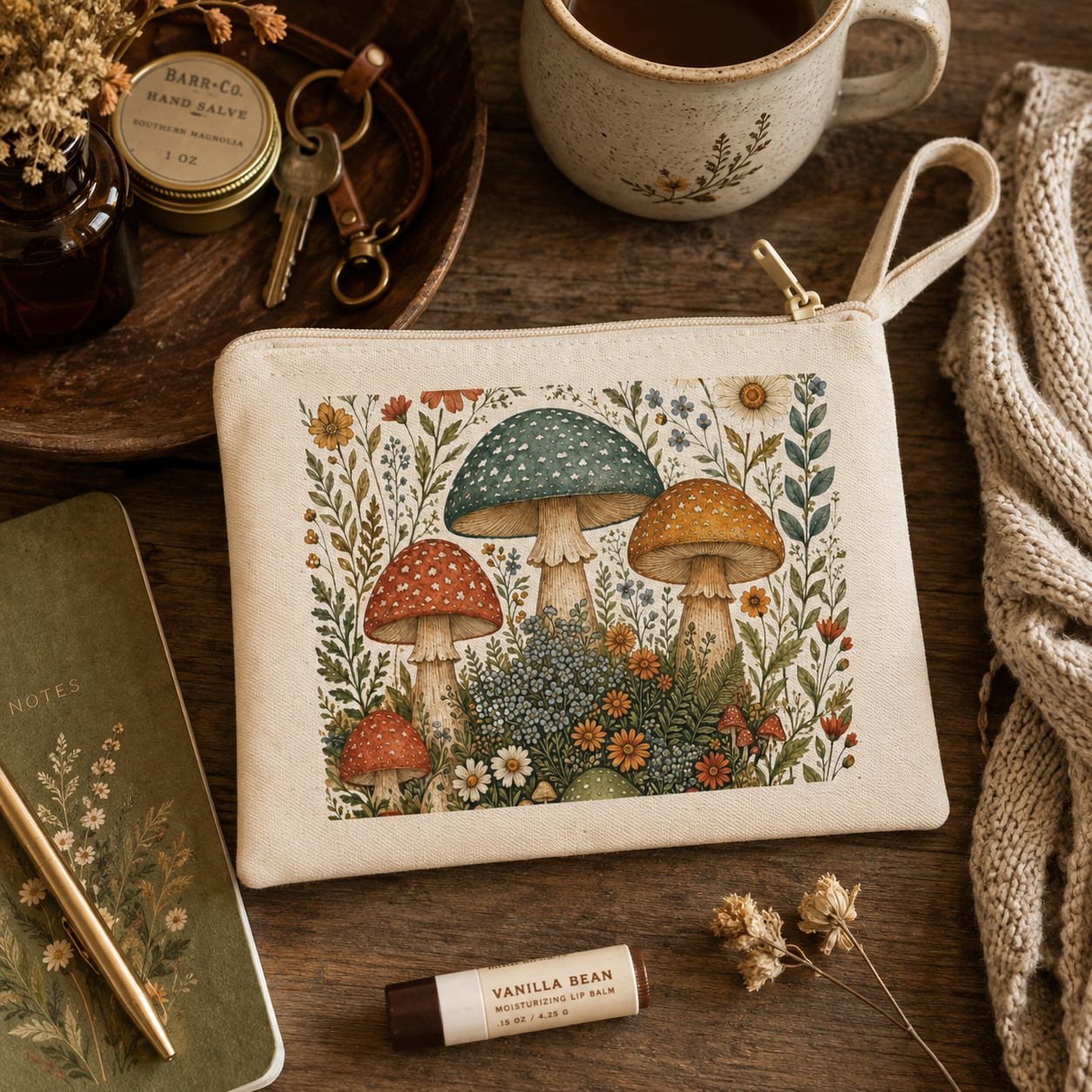 Mushroom Garden Zipper Pouch — Floral Woodland Accessory Pouch