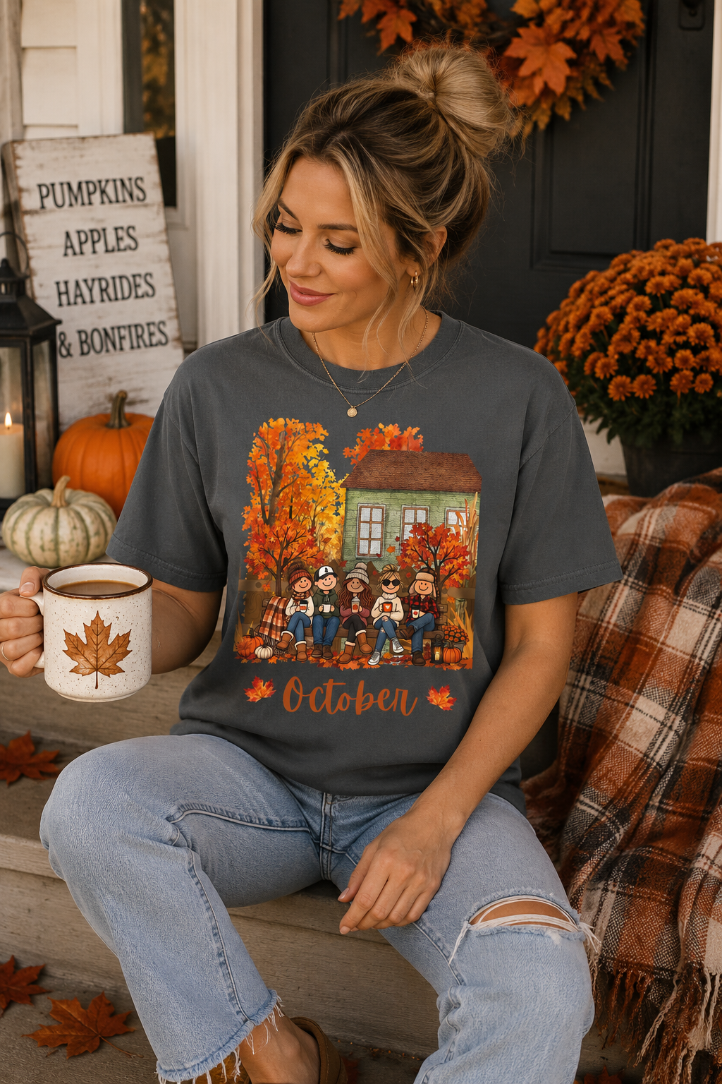 October Family Fall T-Shirt — Cozy Harvest Scene Tee