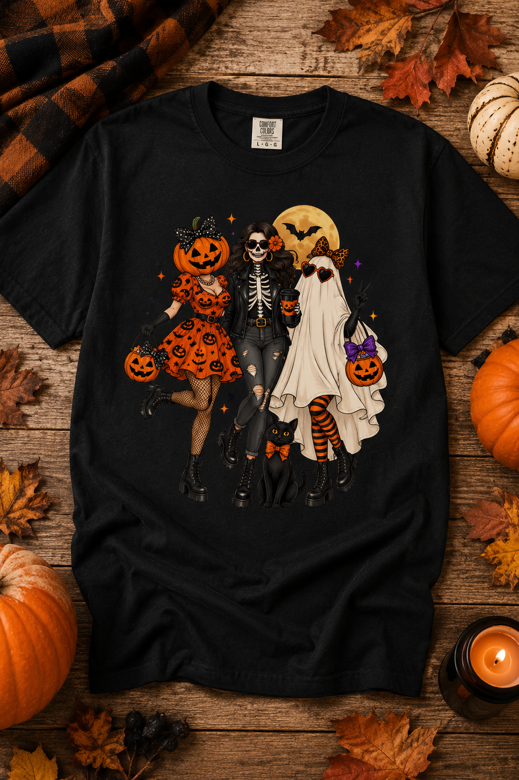 Retro Halloween Girlfriends T-Shirt – Pumpkin, Skeleton & Ghost Graphic Tee