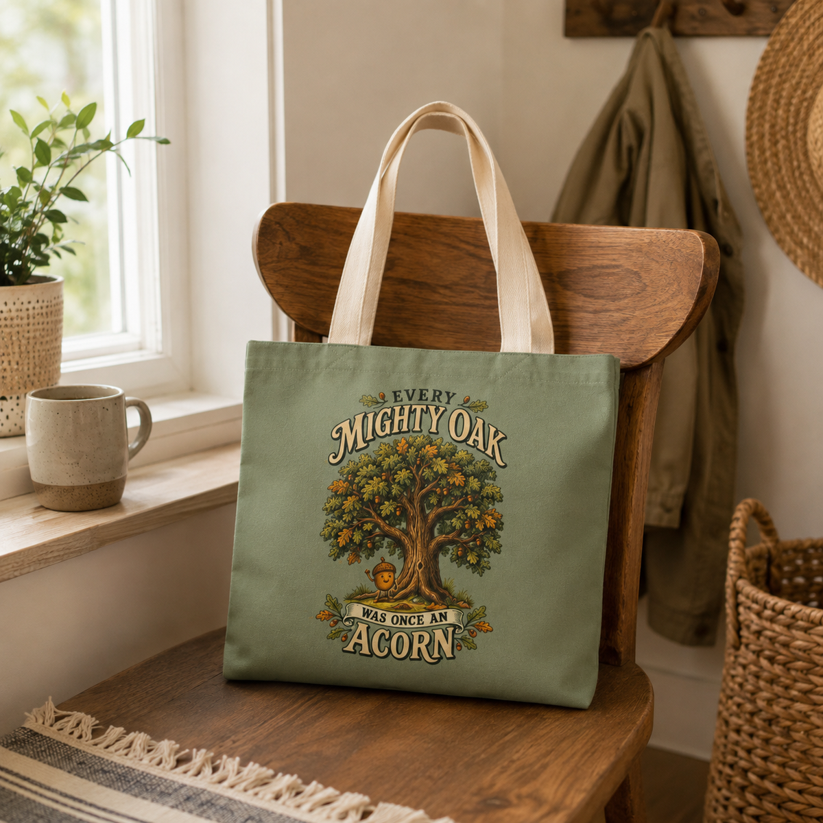 Tote Bag — "Every Mighty Oak Was Once An Acorn" Vintage Tree Canvas Tote