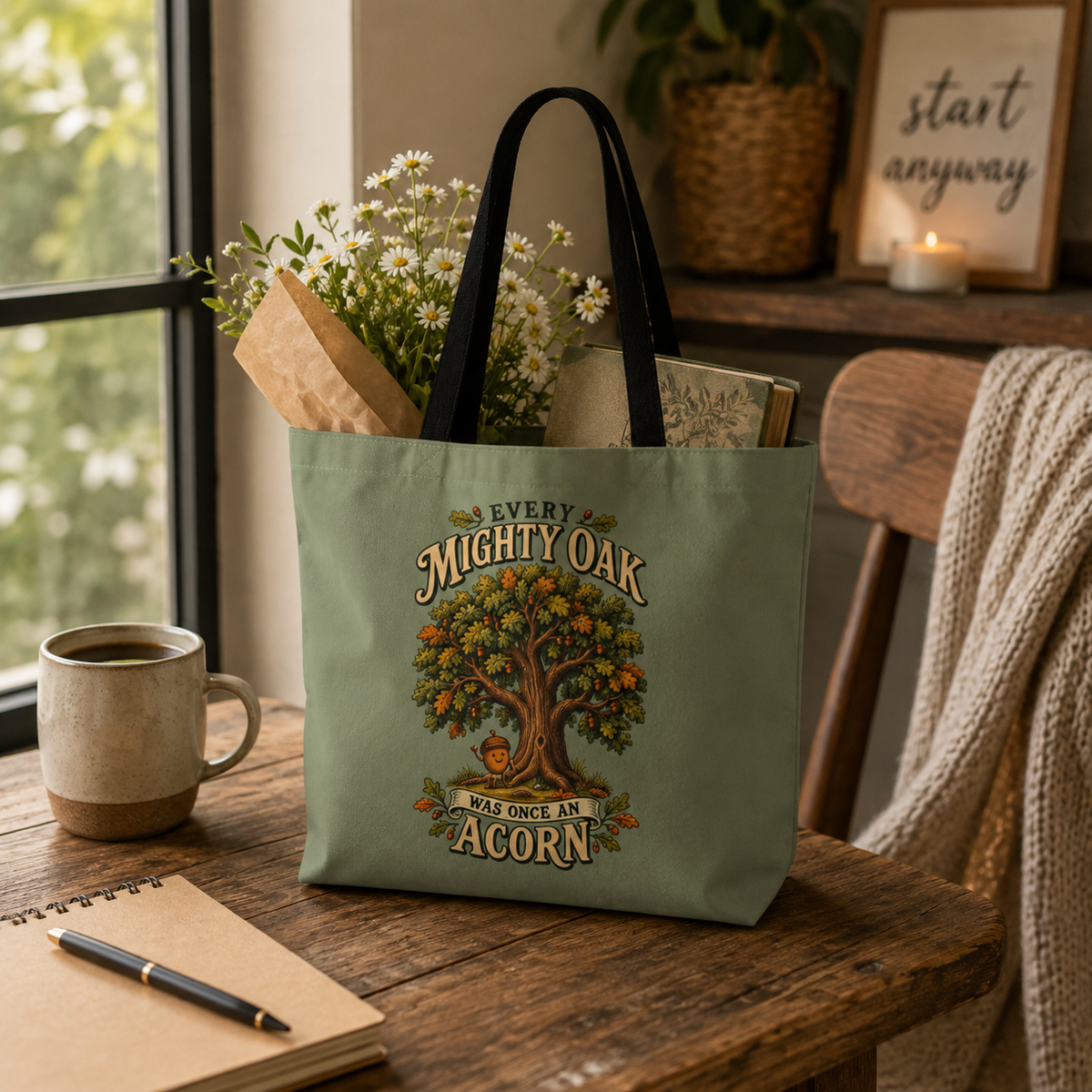Tote Bag — "Every Mighty Oak Was Once An Acorn" Vintage Tree Canvas Tote