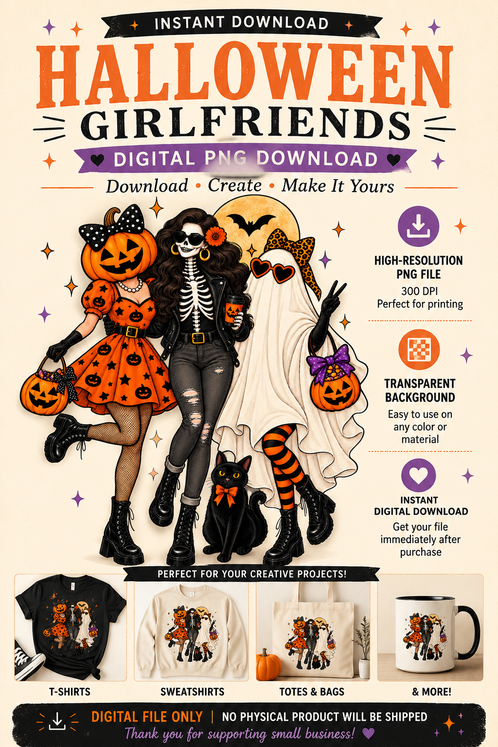 Halloween Girls PNG Digital Download – Pumpkin Skeleton Ghost Design