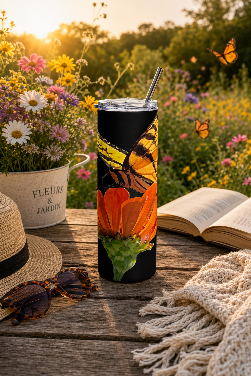 Butterfly & Wildflower Stainless Steel Tumbler – 20 oz Insulated Travel Cup