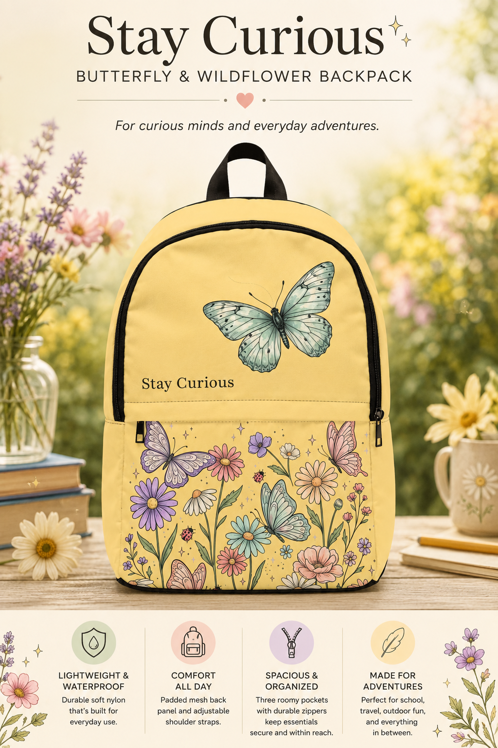 Stay Curious Butterfly & Wildflower Backpack