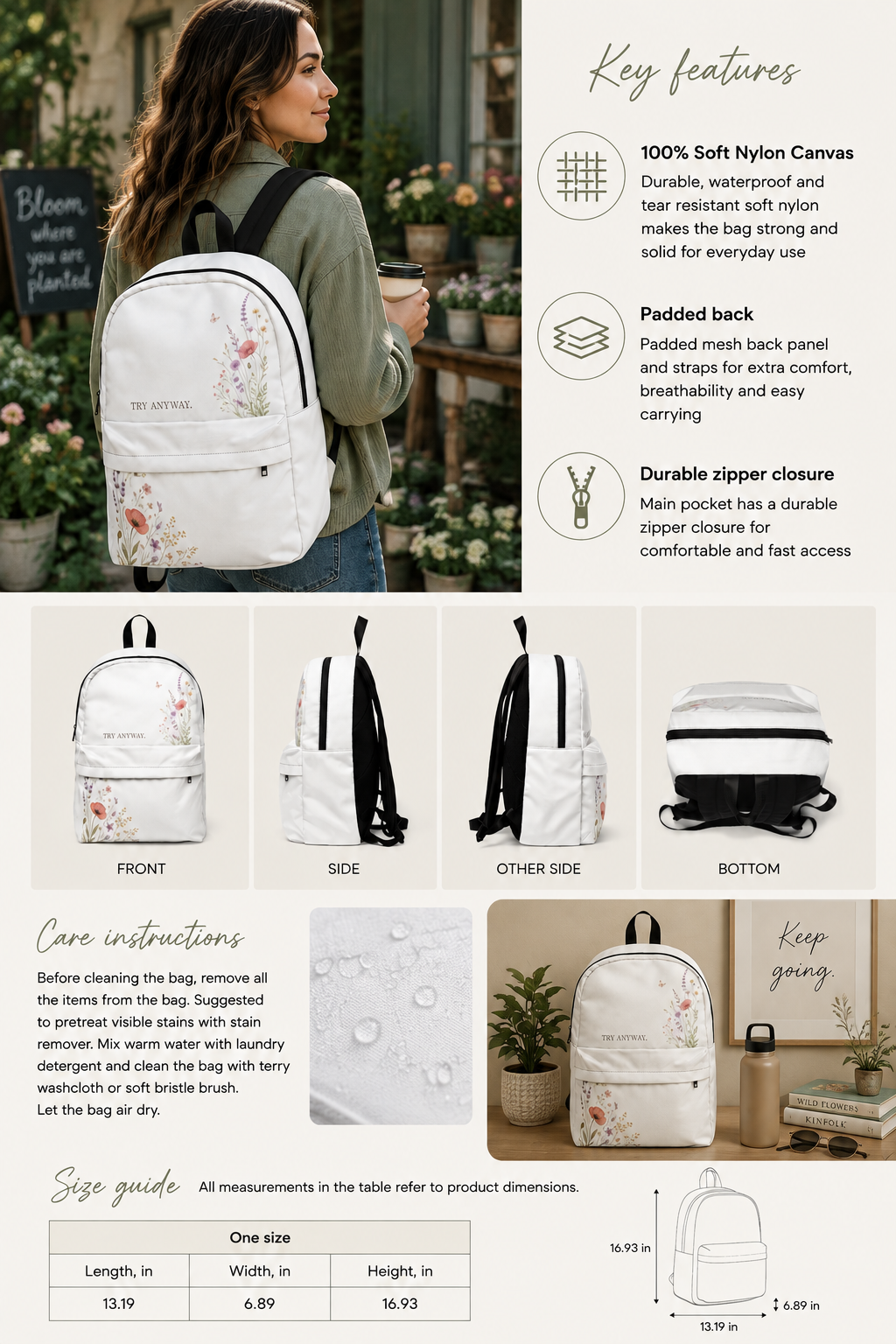 Try Anyway Wildflower Backpack – Waterproof Botanical Everyday Backpack